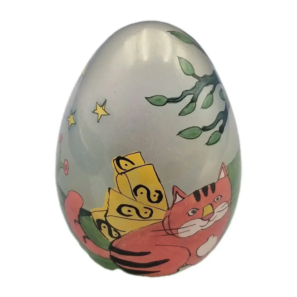 Vintage Reverse Painted Glass Egg with Adorable Cats Signed 3x1.5